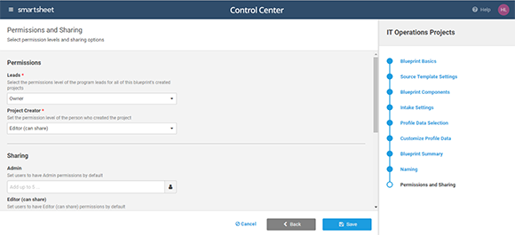 Permissões e Compartilhamento do Smartsheet Control Center