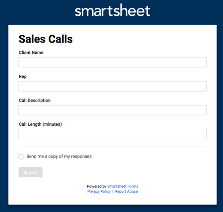 Exemplo de formulários de chamadas de vendas