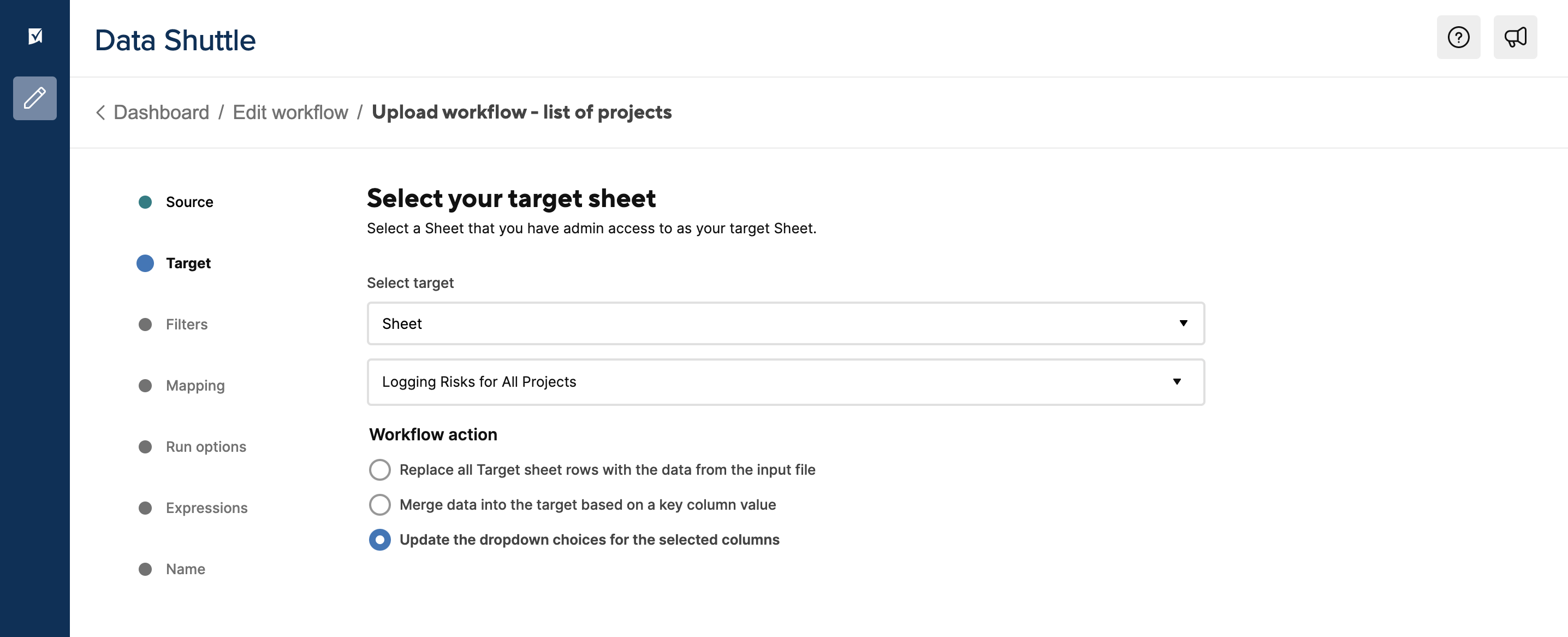 Image showing the "Select your target sheet" screen, where the option "Update the dropdown choices for the selected columns" is selected.