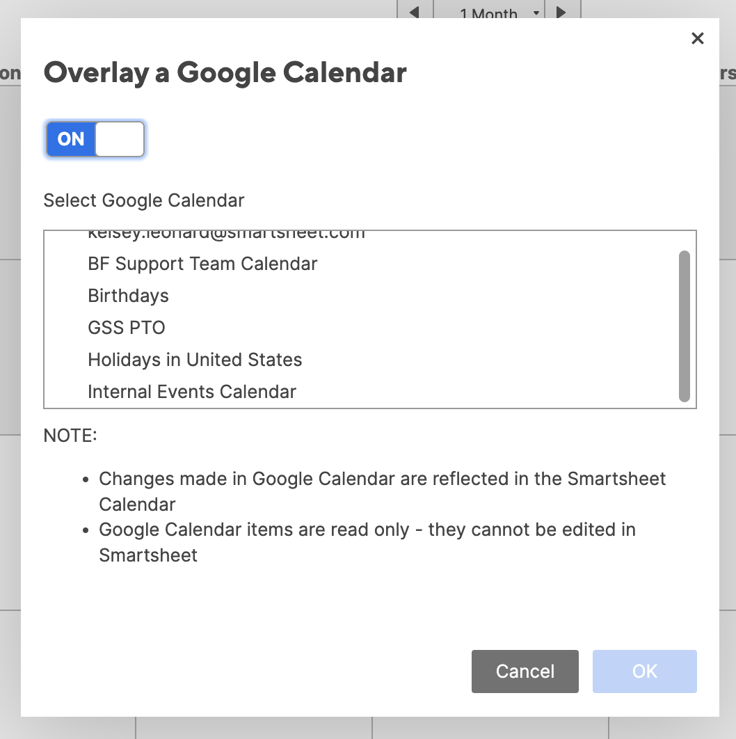 This image shows the overlay options for a google calendar. 