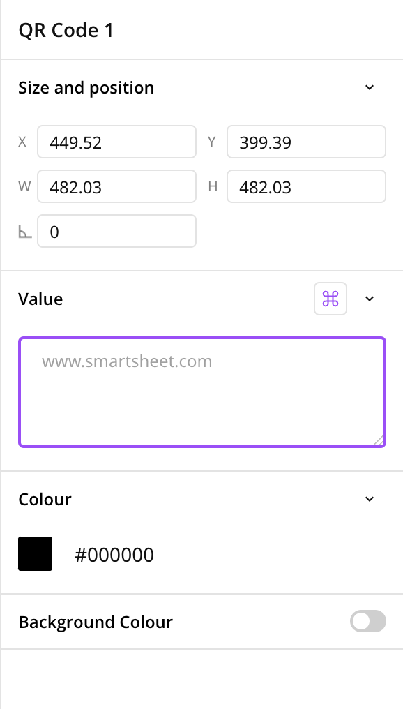 Cette image montre les paramètres du code QR et le champ Value (Valeur).