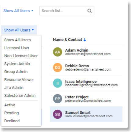 Benutzerschnittstelle „Benutzer suchen“ mit Dropdown-Optionen