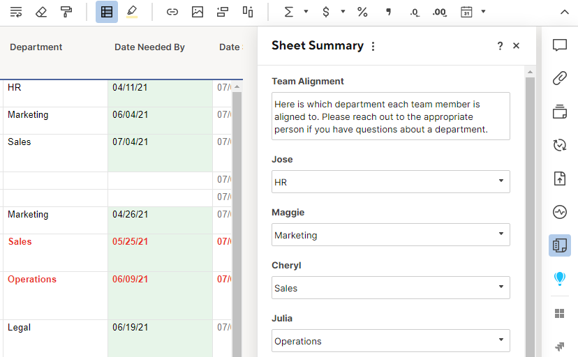 Click the highlighted icon to display the sheet summary panel on the right side of the screen