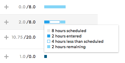 Budget module with hover popup showing hours schedule vs. hours remaining.