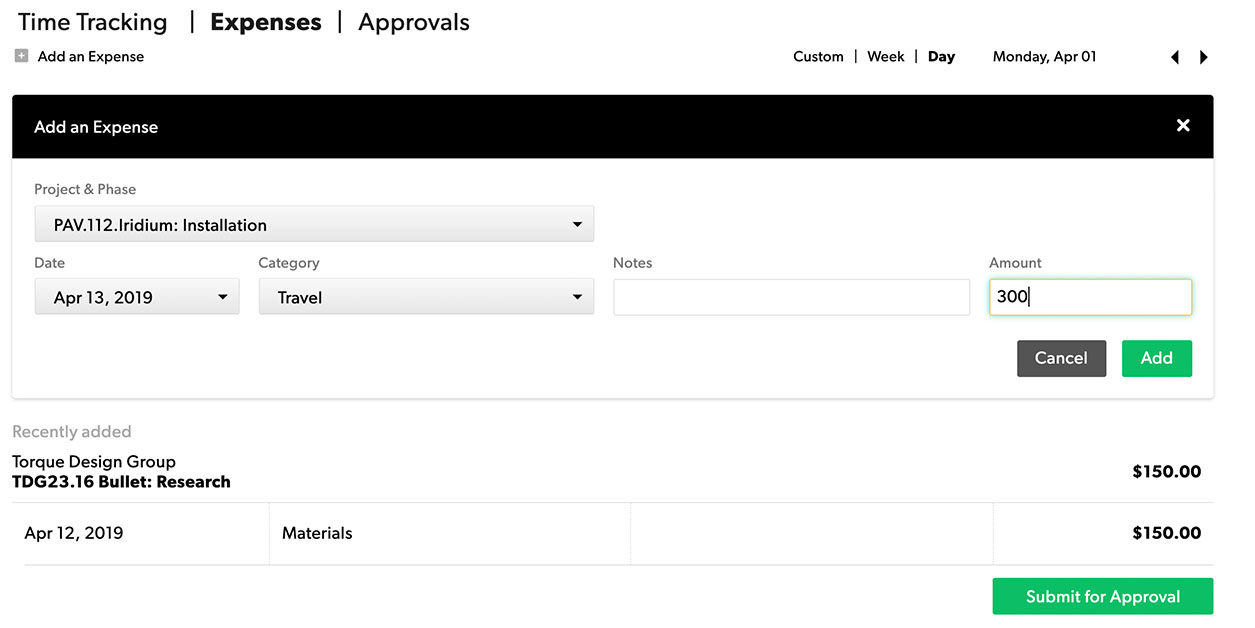 Adicione uma tela de despesas e solicite projeto e fase associados à despesa, data, categoria, notas e valor.