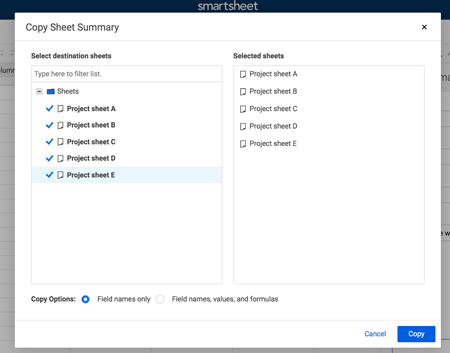 Select a sheet for bulk copy