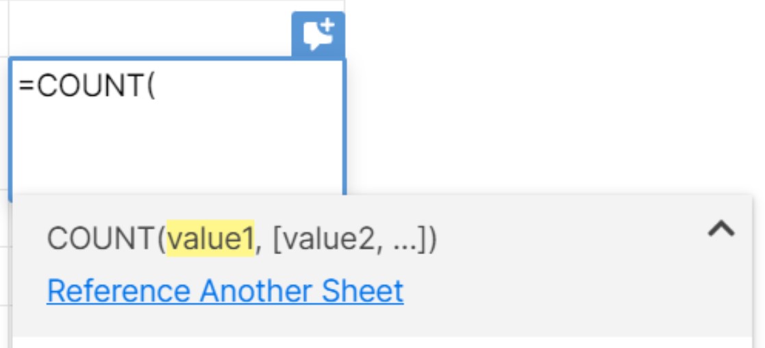 Geöffnete Hilfekarte für die Formel über einer Zelle mit „=COUNT(“ als Beispiel.