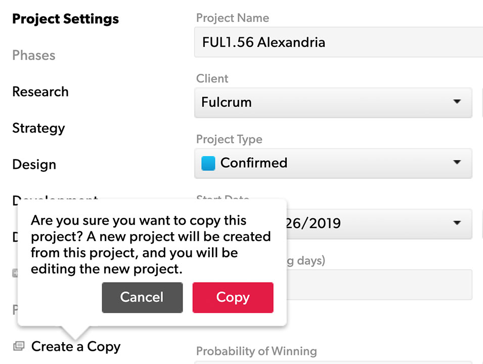 En esta imagen se muestra la configuración del proyecto y el cuadro emergente para crear una copia de un proyecto.