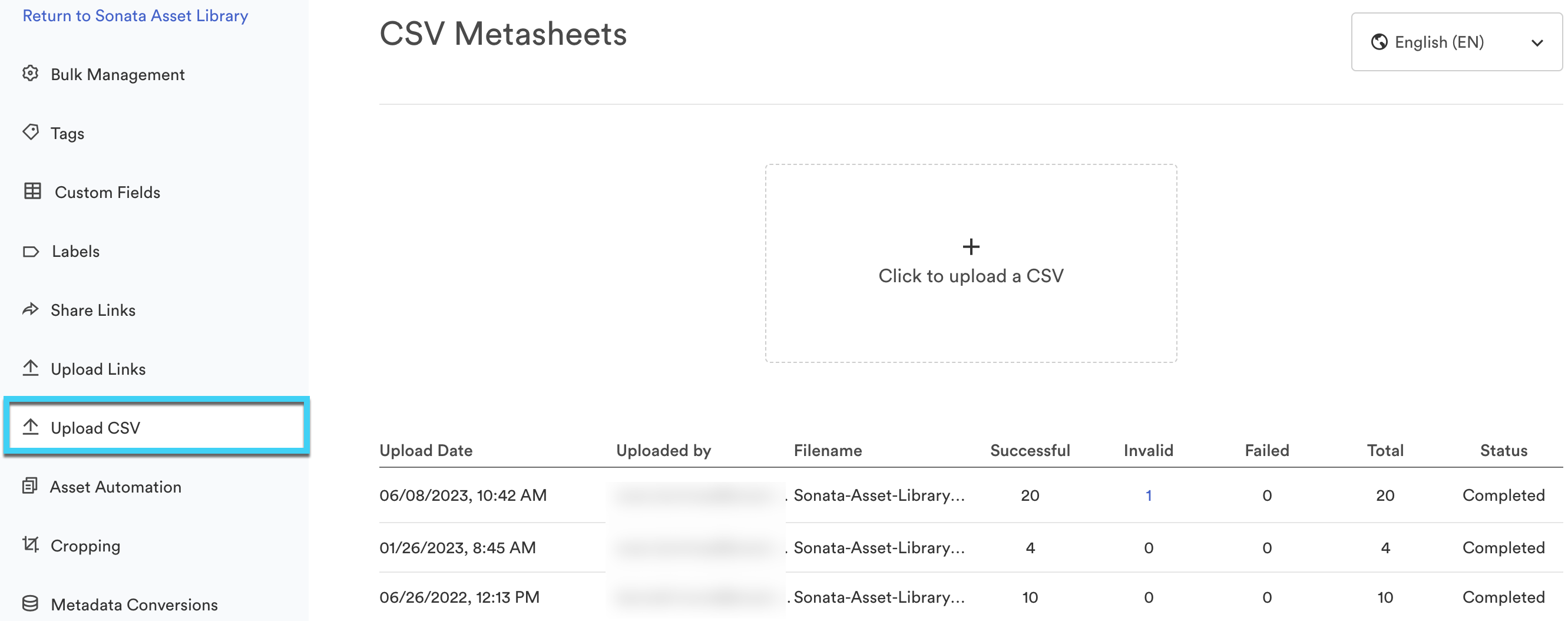 CSV metasheets page in bulk management with Upload CSV highlighted in the left hand navigation.