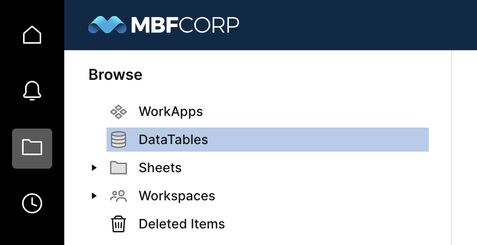 Interface de navegação mostrando o ícone de DataTables destacado