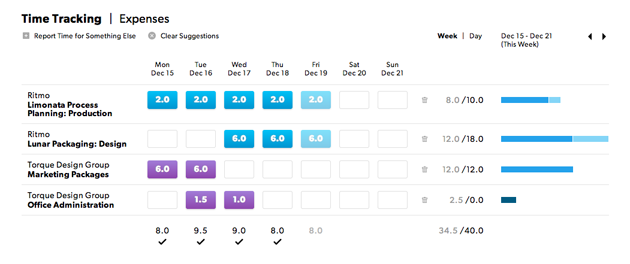 Feuille de temps en mode semaine montrant les heures suggérées.