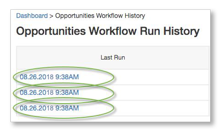 Opportunities workflow run history.