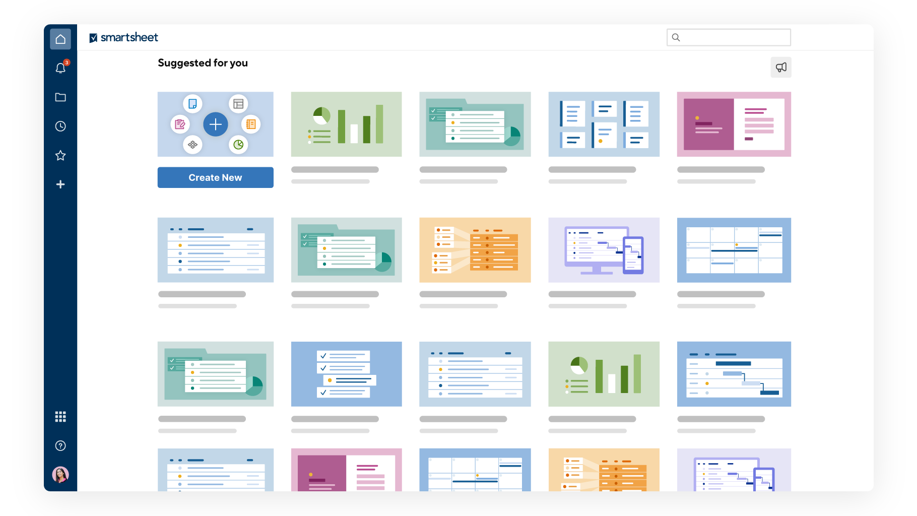 Tela inicial do Smartsheet com vários ícones para planilhas recém-abertas e o painel de navegação à esquerda.