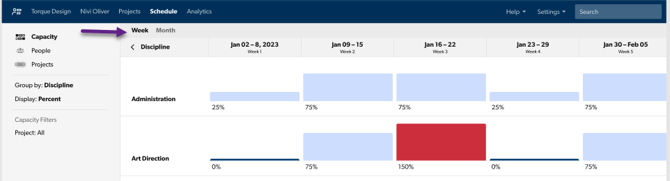 The image shows the month or week buttons to toggle capacity view. 