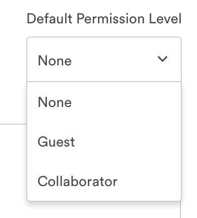 A screenshot of the default permission level dropdown and its options none, guest, and collaborator. 