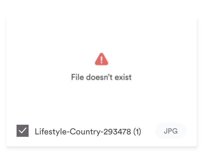 This image shows an asset tile with an error message that says file does not exist.