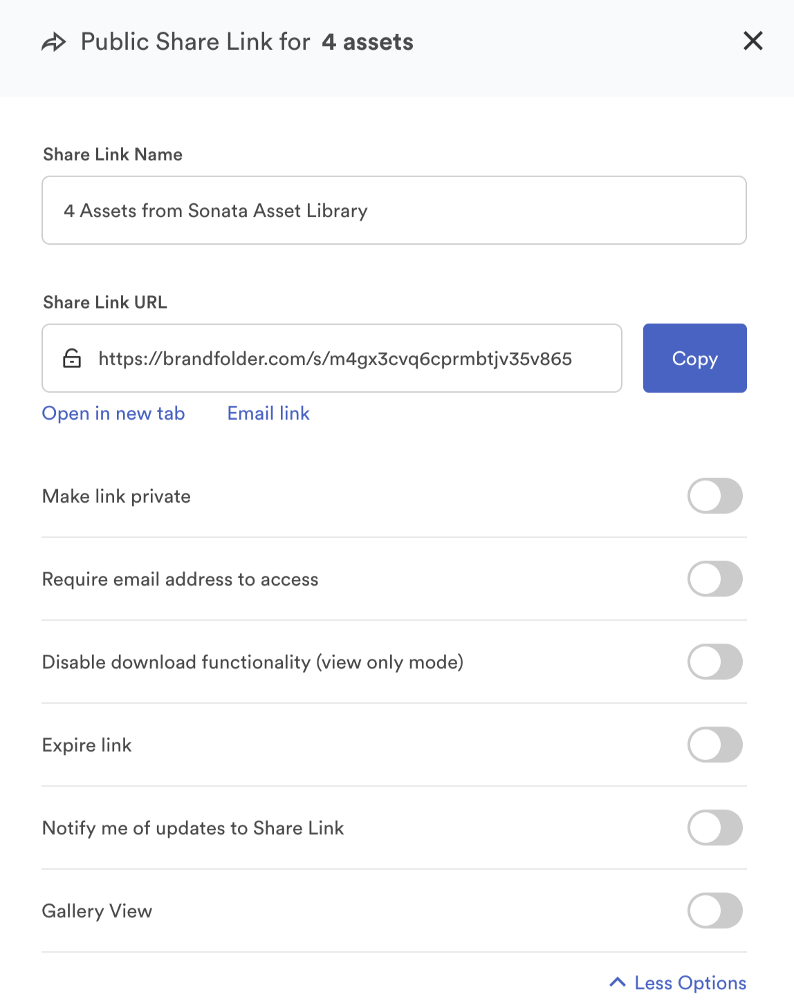 Share link modal with options to make link private, require email address to access, disable download functionality, expire link, notify me of updates to Share Link, and Gallery View