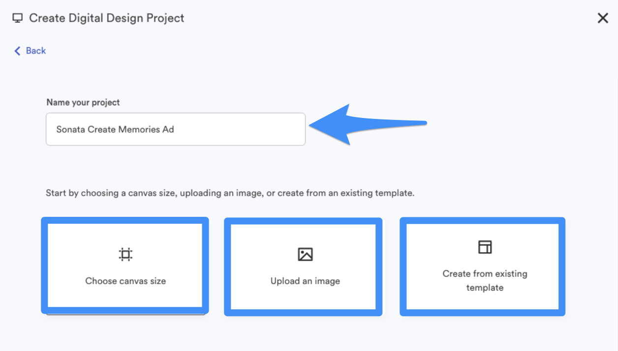This image shows the beginning settings where you can name the project and chose the size. 