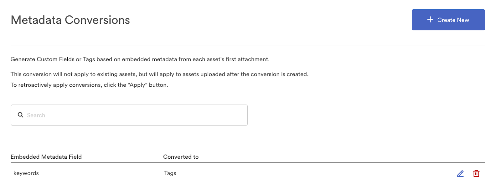 Metadata conversions page with a conversion for keywords converted to tags.