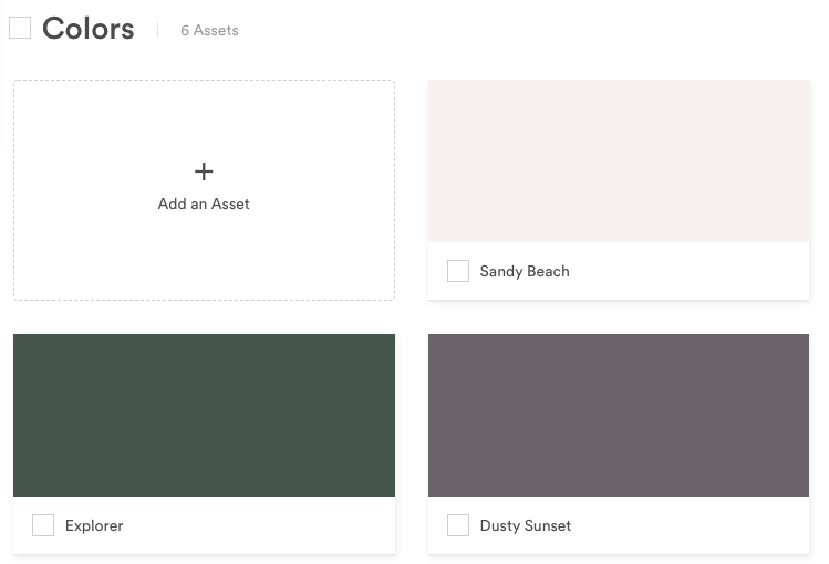 A colors section with 3 color assets including sandy beach peach, explorer black, and dusty sunset grey.