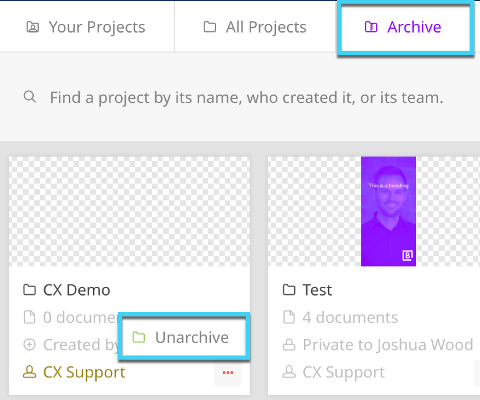 This image shows the archive tab and the unarchive option. 