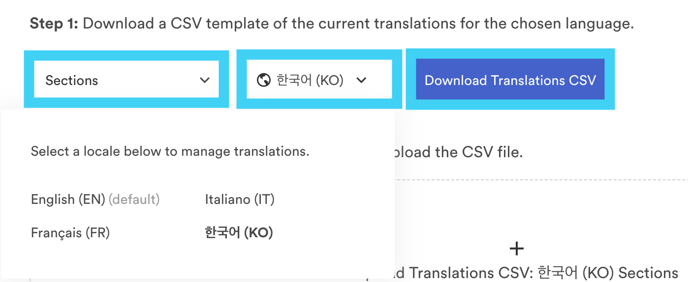 The sections and download translations CSV button are highlighted with the language dropdown expanded.