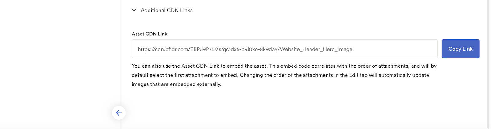 The bottom of the embed tab in the asset modal which includes the Asset CDN link. 