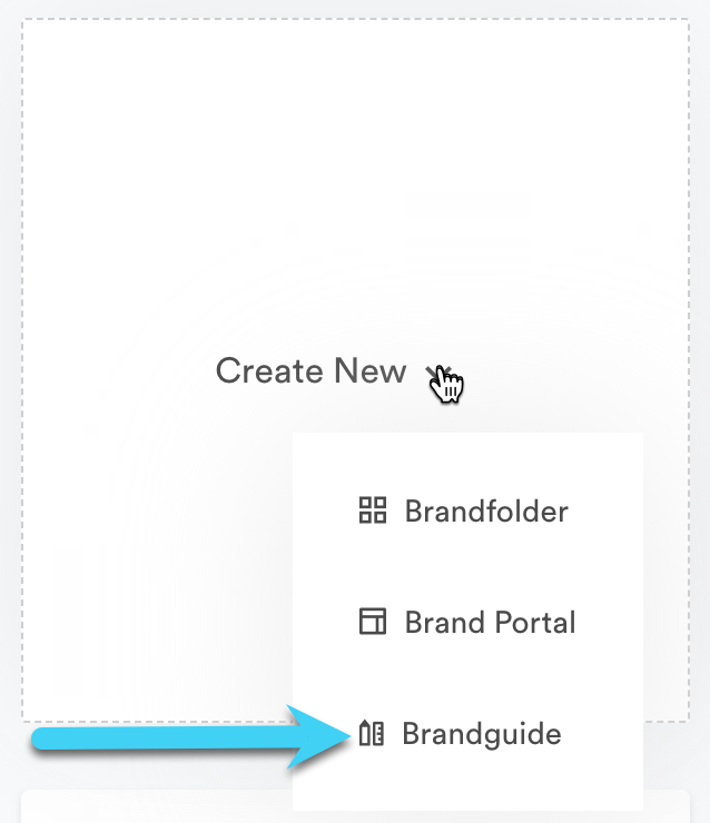 Hovering over a create new block with an arrow selecting Brandguide from the menu.