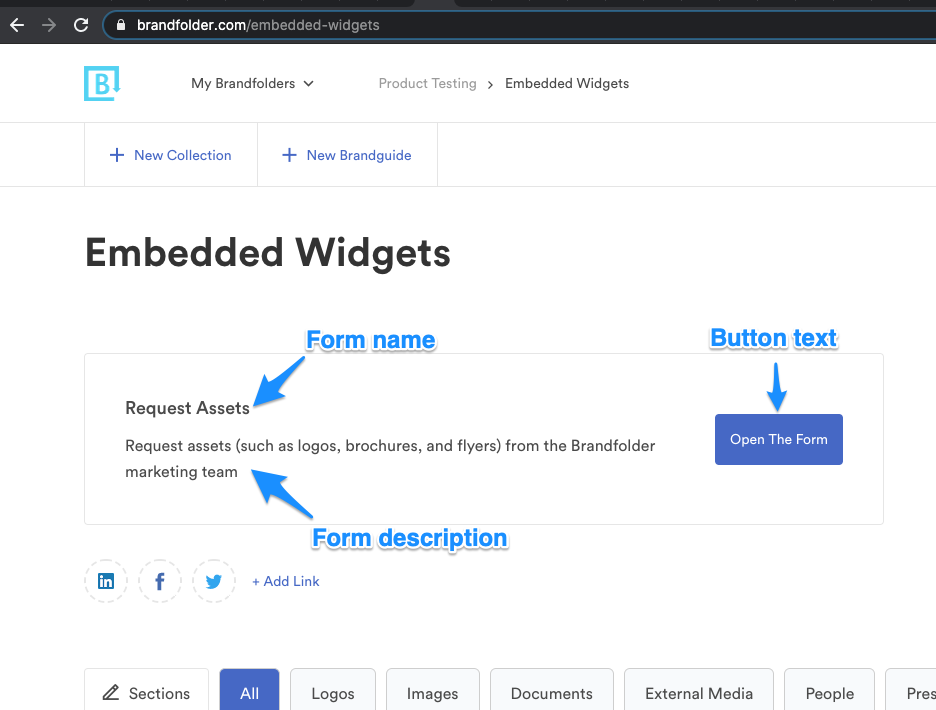 An example of an embedded widget with the form name at the top, a description below and a button for redirection to the form on the right.
